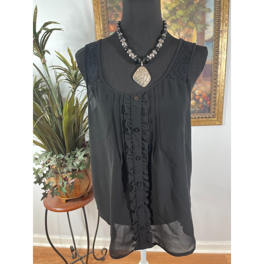 MINE Blouse Top‎ Women's Medium Ruffle Black Lace Sleeveless Whimsigoth Romance